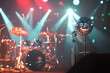 © Amal - Disco ball on a stand in front of a blurred stage with drums and colorful lighting.