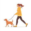 © la - A woman walks a dog while on a stroll. The dog is on a leash. The woman is smiling and wearing comfortable clothing.