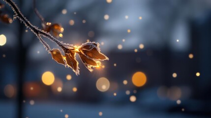 Aufkleber - Close-up shot of frost-covered branches and leaves, sunlight filtered through the frosty coating creating a magical effect, bokeh orbs of light floating gently, creating a dreamy atmosphere in winter