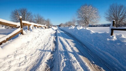 Aufkleber - A snow covered path is carved through a winter landscape under a clear blue sky. Trees adorned with snow line the path creating a serene and cold atmosphere