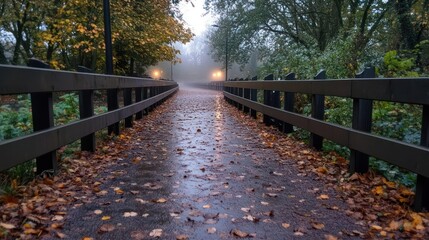 Aufkleber - scenic elevated path after rain, the pathway is covered in scattered autumn leaves, with wooden guar