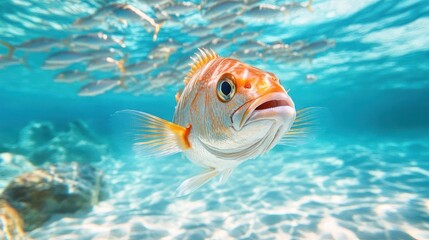 Aufkleber - A close-up underwater shot showcases a vibrant orange fish with intricate scale details, complemented by a backdrop of shimmering light filtering through the clear water and a school of fish in the