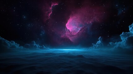 Aufkleber - Surreal landscape featuring a blend of dreamy celestial and terrestrial elements, showcasing a sky filled with nebulous formations in shades of pink and blue, contrasting with the dark foreground
