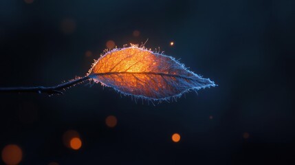 Aufkleber - A close-up of a vibrant orange leaf illuminated against a dark background, with a soft, ethereal glow emanating from its edges and surrounding bokeh lights, creating a magical and tranquil