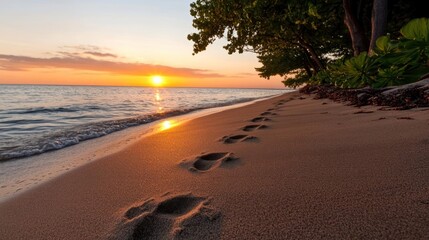 Leinwandbilder - Scenic beach landscape featuring sunlit sand, gentle waves lapping the shore, and a vibrant sunset casting warm tones. Footprints are visible in the sand, leading towards a tree silhouette against