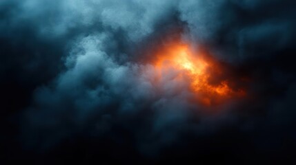 Aufkleber - Dramatic abstract of dark blue and grey swirling smoke with a burst of bright orange light emanating from the center. Creates a sense of mystery, energy, and ethereal beauty against the black