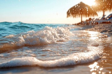 Poster - Golden light reflects on the ocean waves gently washing onto a sandy beach, with thatched umbrellas and sunbeds visible in the background, creating a serene seaside atmosphere under a clear sky