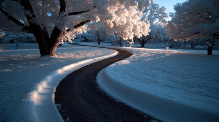 Leinwandbilder - A winding path through a snowy landscape, with trees covered in frost on either side. The scene is bathed in the soft light of dawn or dusk, creating a serene and peaceful atmosphere. The snow is