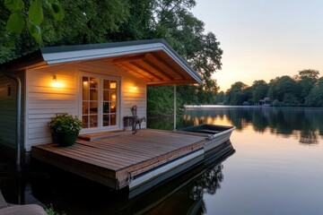 Poster - Exterior view of a white boathouse with a small deck and wooden trim on a calm lake with a sunset sky in the background. Trees surround the house and water, creating a peaceful natural setting during
