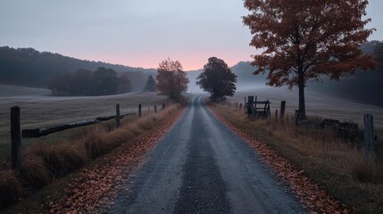 Aufkleber - A gravel road stretches into the distance, flanked by a rustic fence and autumn foliage. The sky is a soft blend of twilight hues, casting a serene and quiet ambiance over the rural landscape during