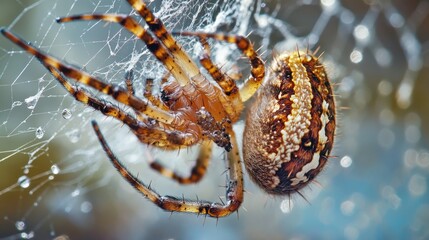 Close-up of a spider with intricate patterns on its web.