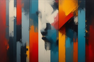 Fototapete - Abstract portrait, layered with vibrant vertical stripes of color.  The face is partially obscured, creating a sense of mystery and depth.  The bold color palette and textured brushstrokes add dynamis