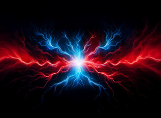 Fototapete - Electric energy clash bursts with vibrant red and blue hues against a dark background, hinting at opposing forces meeting in a dynamic display of power and light.