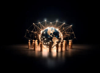 Poster - A global network of interconnected people gathers around a radiant earth, symbolized by linking lines. Dark background enhances the illumination, creating a sense of unity and worldwide communication.