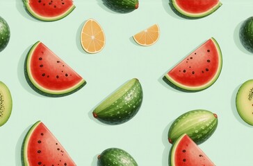 Poster - A vibrant summer pattern featuring watermelon slices, kiwi halves, and lime wedges arranged on a pastel green background.  The image evokes feelings of freshness and summer.