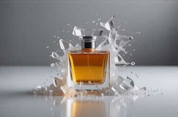 Aufkleber - A square amber perfume bottle sits amidst a dynamic splash of translucent liquid, reflecting on a sleek, light surface.  The scene is clean and modern, highlighting the fragrance's luxurious essence.