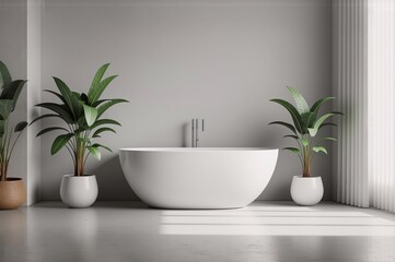 Poster - Modern minimalist bathroom interior.  Freestanding oval bathtub, potted plants flanking it, sunlight streaming in.  Clean lines and serene atmosphere.