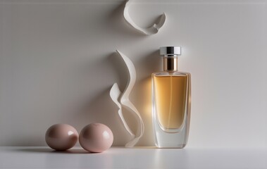 Fototapete - Elegant perfume bottle, amber liquid,  rests beside soft pink spheres and flowing white ribbons against a minimalist white backdrop.  Subtle lighting enhances the product's luxurious feel.