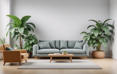 Poster - Serene living room interior featuring a light teal sofa,  wooden coffee table, and large potted plants flanking a neutral wall.  Minimalist design with a calming atmosphere.