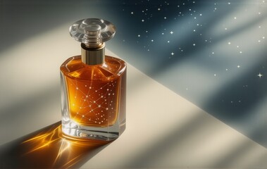 Poster - Amber perfume bottle, constellations etched on glass, sits on a surface bathed in light and shadow.  Mysterious, celestial, and luxurious.