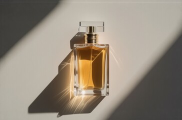 Fototapete - A glass perfume bottle with golden liquid,  bathed in sunlight, casts dramatic shadows on a light background.  Elegant and minimalist.