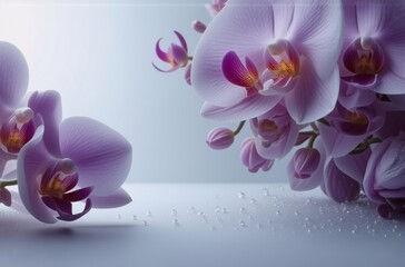 Aufkleber - Soft, pale pink orchids elegantly arranged on a light gray background, adorned with tiny, glistening droplets.  A serene and delicate scene.