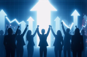 Aufkleber - Silhouetted figures celebrate success, arms raised in unison before a glowing arrow symbolizing upward growth and achievement.  A bright future awaits.