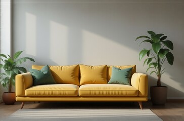 Poster - Sunlit living room features a mustard yellow sofa with teal cushions, flanked by potted plants on a light rug against a neutral wall.  Warm, minimalist, and inviting.