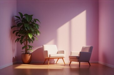 Poster - Sunlight streams into a minimalist room, illuminating two armchairs and a potted plant against a pale pink wall.  The scene evokes calm and serenity.