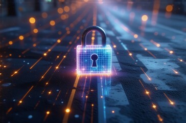 Leinwandbilder - A glowing digital padlock sits on a neon-lit city street, symbolizing digital security in a futuristic urban landscape.  Data streams flow around it.