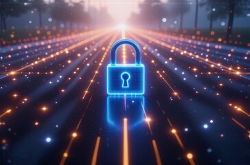 Poster - A glowing blue padlock sits at the center of a digital highway, lined with streaks of light, leading towards a sunrise.  The scene evokes concepts of data security and digital pathways.