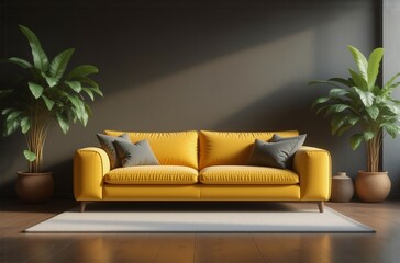 Poster - A mustard yellow sofa sits on a cream rug against a dark wall, flanked by potted plants.  Sunlight streams in, illuminating the scene.