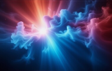 Poster - Abstract image depicting a vibrant collision of red, orange, and blue energy, resembling a cosmic event or swirling nebula.  The colors blend and contrast dynamically, creating a sense of movement and