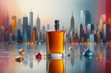 Poster - A stylized amber perfume bottle sits center stage, reflecting a vibrant cityscape at dawn.  Crystalline fragments scatter around its base, adding to the luxurious feel.