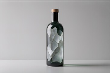 Aufkleber - A dark green glass bottle, reminiscent of a wine bottle, stands on a minimalist white surface.  Inside, crumpled white paper creates an abstract, sculptural form.  The bottle has a simple cork stopper