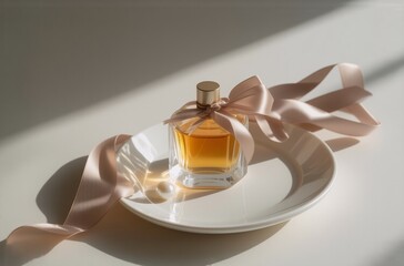 Fototapete - A luxurious amber perfume bottle sits on a pristine white plate, adorned with a delicate blush pink ribbon, bathed in soft sunlight.  The elegant presentation evokes feelings of sophistication and lux