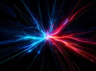 Poster - Hints: Focus on the energy, color, and form.

Abstract energy bursts in vibrant blue and red hues against a dark backdrop. The striking visual represents a dynamic clash of forces and radiant luminosi