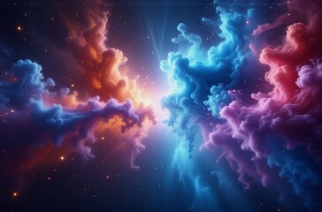 Aufkleber - Cosmic clouds of vibrant blue, orange, and pink swirl and collide, creating a mesmerizing nebula scene speckled with starlight.