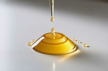 Fototapete - A single drop of viscous, golden liquid falls onto a glistening, dome-shaped surface, creating ripples and smaller droplets.  The scene is minimalist and reflective.