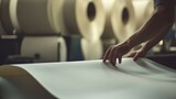Paper mill worker checking the smoothness and thickness of freshly processed sheets. Featuring craftsmanship and industry
