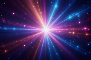 Poster - A vibrant, cosmic explosion of light rays in shades of pink, orange, and blue, radiating from a central point against a dark, starry background.  The image evokes feelings of energy, wonder, and the v