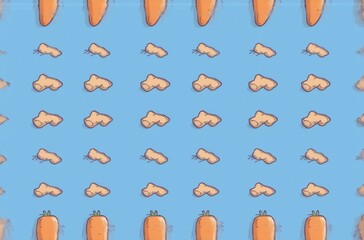 Poster - A repeating pattern featuring cartoon carrots and ginger root pieces on a light blue background.  A fun, vibrant avatar-style illustration perfect for digital use.