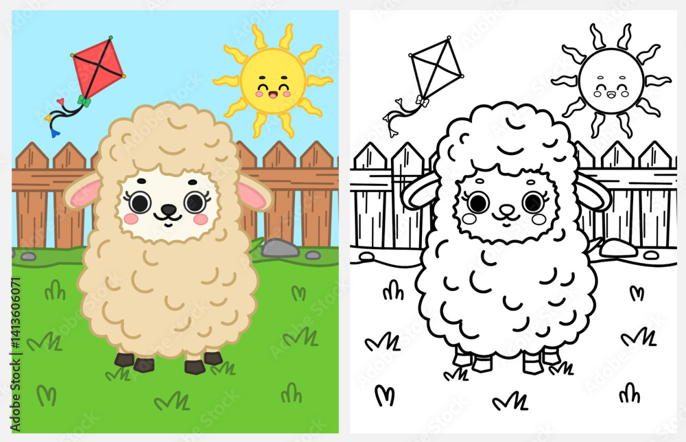 Cute cartoon sheep on a farm coloring page for kids, spring coloring ...