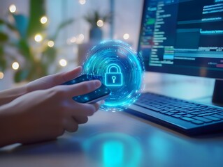 cybersecurity: secure mobile access, glowing digital lock on smartphone