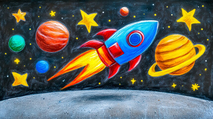 Wall Mural - colorful spaceship soaring through starry universe chalk drawing