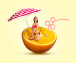 © New Africa - Summer vibe. Happy woman sitting under beach umbrella on half of orange against beige background, creative collage