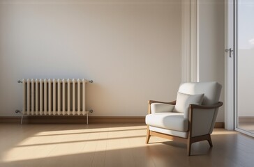Poster - Sunlight streams into a minimalist room, illuminating a single armchair and a vintage radiator against a white wall.  The scene evokes feelings of calm and serenity.