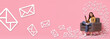 © New Africa - Email message. Happy woman using smartphone in armchair on pink background, banner design. Envelopes flying out of device