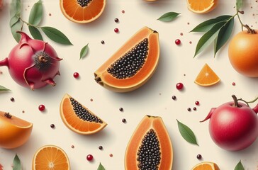 Aufkleber - A vibrant flat lay showcasing a colorful arrangement of sliced oranges, papayas, dragon fruit, and pomegranate segments, interspersed with green leaves and red berries on a creamy background.