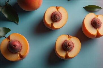 Poster - A flat lay showcasing four halved peaches and two whole peaches on a teal background, accented with green leaves.  The peaches are juicy and ripe, showing their inner details.